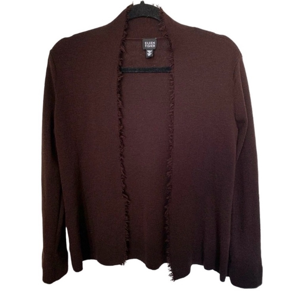 Eileen Fisher sweater brown cardigan open front fringe italian yarn